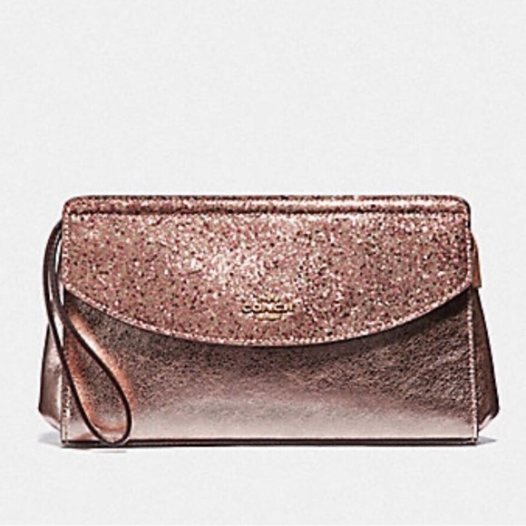 Coach Flap Clutch Rose Gold Crinkle Metallic Glitter Wristlet - Picture 1 of 10